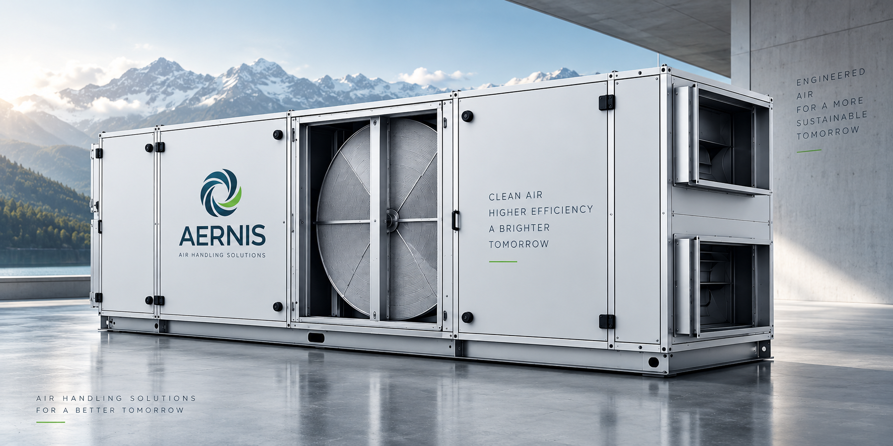 AERNIS Lüftungsgerät in einem Industriegebäude vor Schweizer Bergen