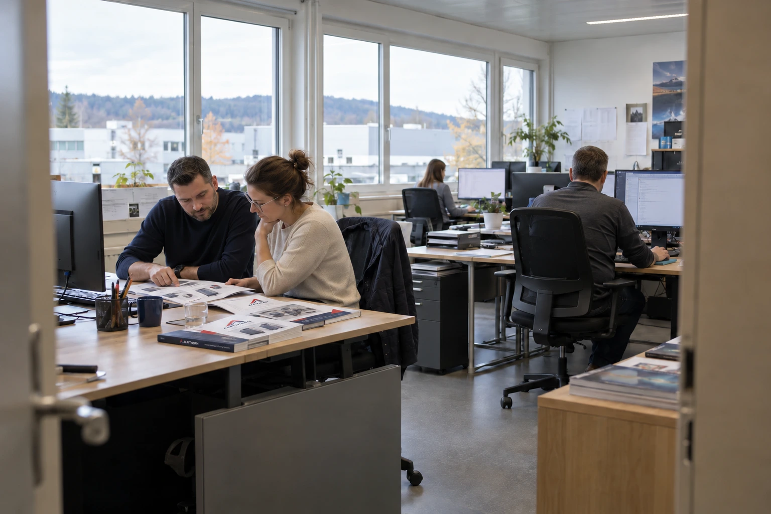 Illustrative Szene von Kollegen beim Prüfen von Produktunterlagen in einem Gemeinschaftsbüro