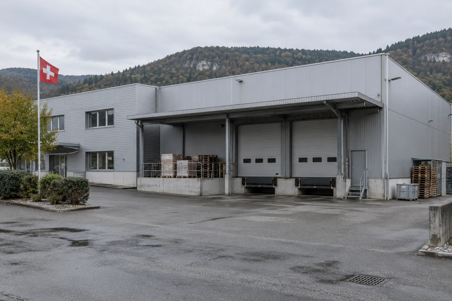 Illustration eines Industrielagers im Schweizer Jura mit Laderampen und Schweizer Flagge